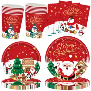 Christmas Party Supplies Set, 16-Person Disposable Paper Plates Napkins Cups, Durable Holiday Tableware, Festive Dining Accessories