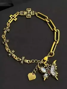 Vintage peony flower butterfly bracelet, shimmering cross pendant, exquisite abalone shell butterfly jewelry, eco-friendly copper material, women's accessory, holiday gift