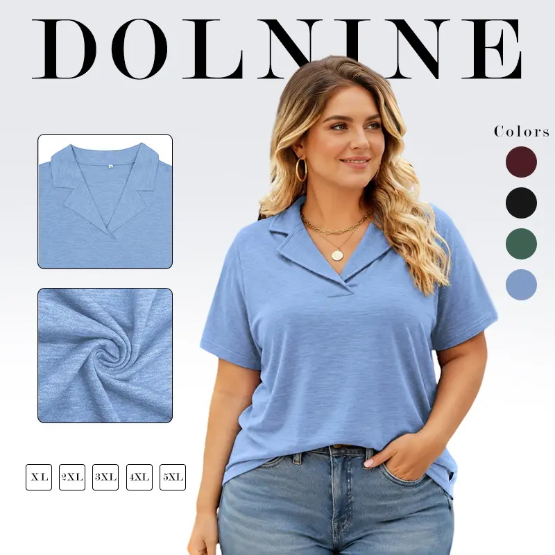 DOLNINE Women's Stretchy Breathable Collared POLO Blouse - XL-5XL Preppy Basic Style V-Neck Solid Casual Top for Curvy Women, DPS1172, Fabric, Machine Washable, Thanksgiving, Easter Chic Day, Elegant, Halloween, Loose-Fitting