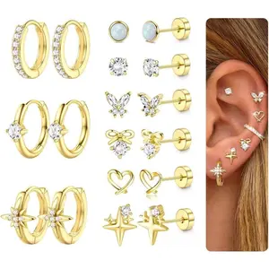 CASSIECA Hypoallergenic Flat Back Earrings for Women Men Surgical Steel Earring for Sensitive Ears, 14K Gold Plated Stainless Steel Flatback Stud Hoop Cartilage Earring Stacks for Multiple Piercing