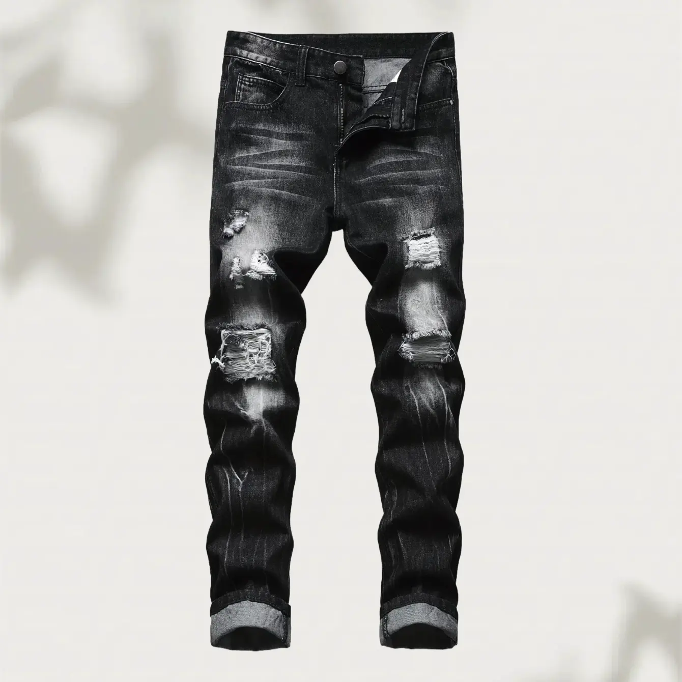 Men's ripped jeans, retro casual slim-fit trousers, black ripped men's jeans, men's street jeans, men's jeans, ripped denim skinny jeans, slim-fitting black worn men's pants, suitable for all seasons pocket denim jean jun  bao  ss  jeans pantalon  rasgado