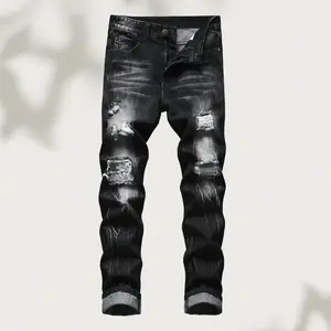 Men's ripped jeans, retro casual slim-fit trousers, black ripped men's jeans, men's street jeans, men's jeans, ripped denim skinny jeans, slim-fitting black worn men's pants, suitable for all seasons pocket denim jean jun  bao  ss  jeans pantalon  rasgado