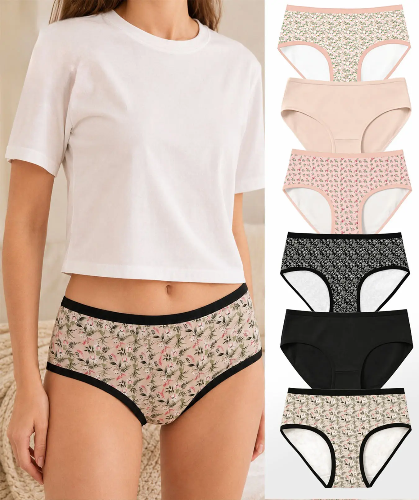 6-Pack Women's Floral Printed Mid-Waist Cotton Panty, Breathable Lightweight Comfort Casual Panty, Soft Comfy Breathable Knicker for Season Daily Wear,Assorted Color Contrast Panties Set, Trim Knickers,Size L-2XL, Basic Fitmultiple colors, outfits inspo