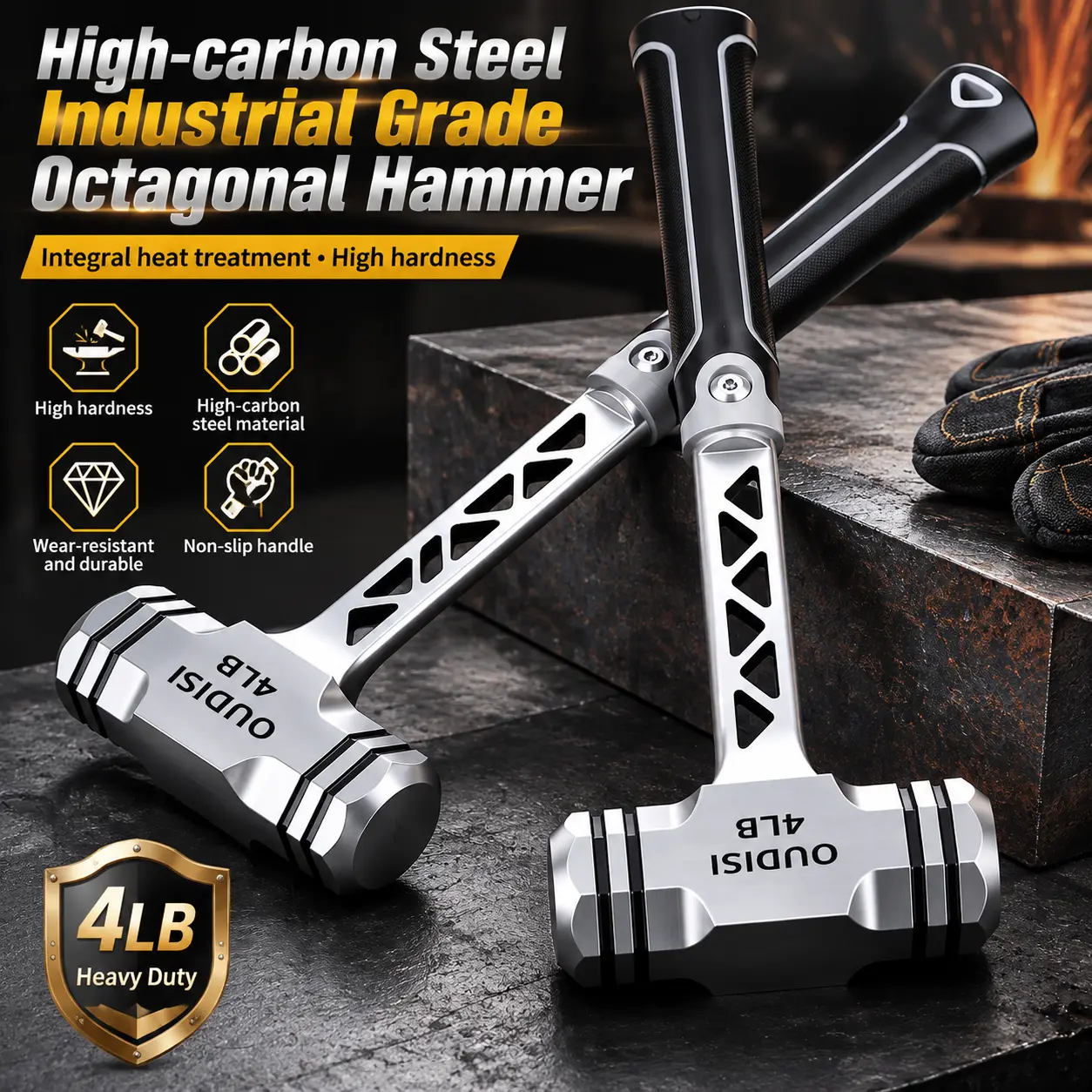 Heavy-Duty Octagonal Hammer Tool (2/3/4lb), High Carbon Steel Impact-Resistant Head, Ergonomic Non-Slip Vibration Control Handle, Suitable for Stone Work, Concrete Bricks