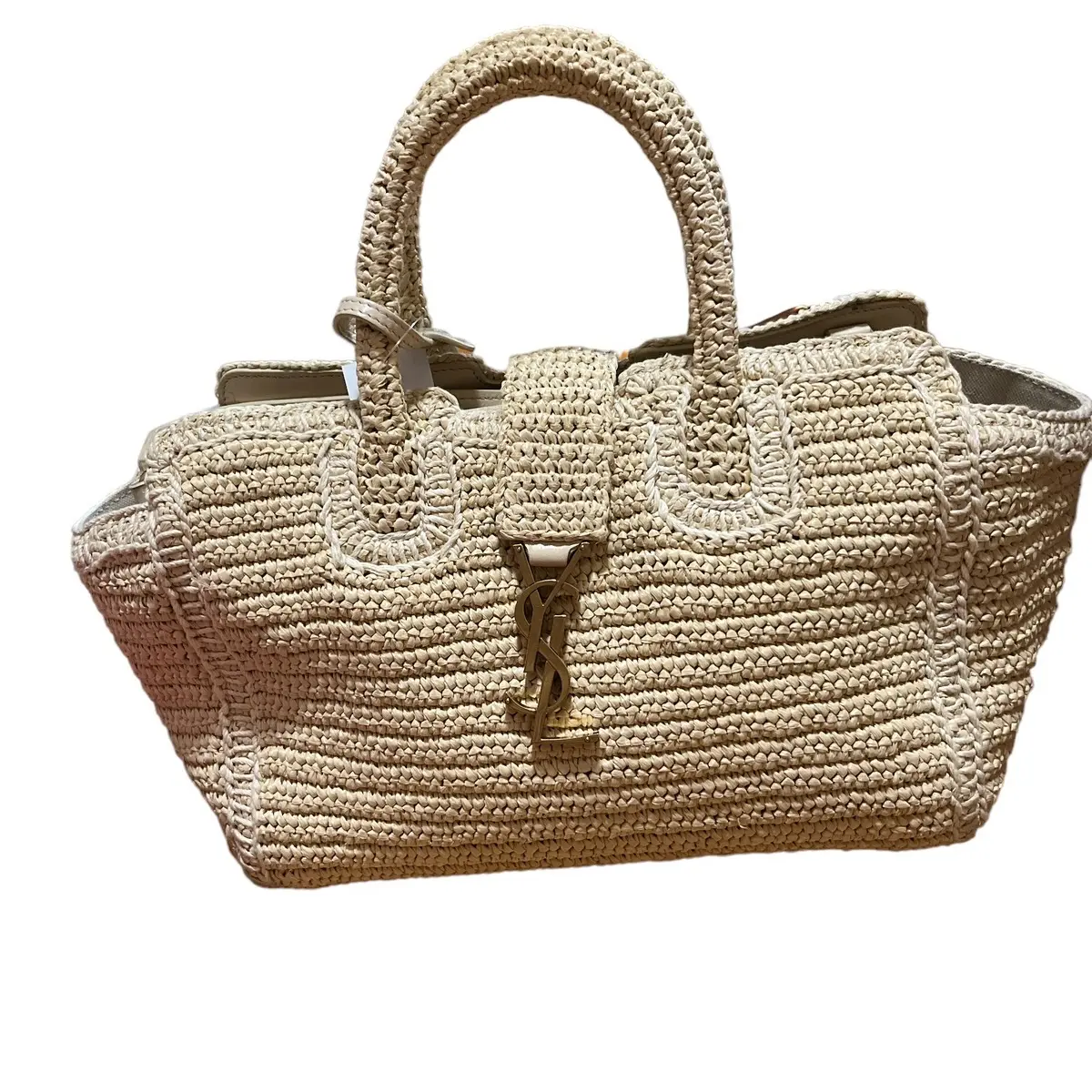 Pre-owned Yves Saint Laurent Straw/Leather Tote Bags YSL Saint Laurent Cabas Canvas Tote Bag with Leather and Straw Fabrication, Top Handle and Adjustable Shoulder Strap, Front Snap Closure and Gold Tone Hardware, Stylish Beige Women's Bag