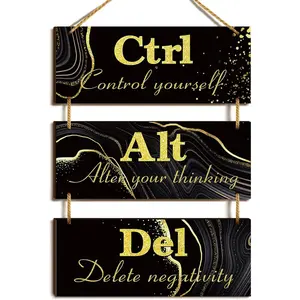 Black and Gold Office Wall Decor Ctrl Alt Del Inspirational Rustic Wall Hanging Wooden Signs Motivational Art with Sayings Motivational Plaques for Home Living Room Decoration,10 x 4 Inch