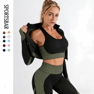 Women's Ribbed Seamless Fitness Clothing, Gym Outfit and Yoga Workout Set Jacket, Sports Bra and High Waisted Leggings 3 Piece Set