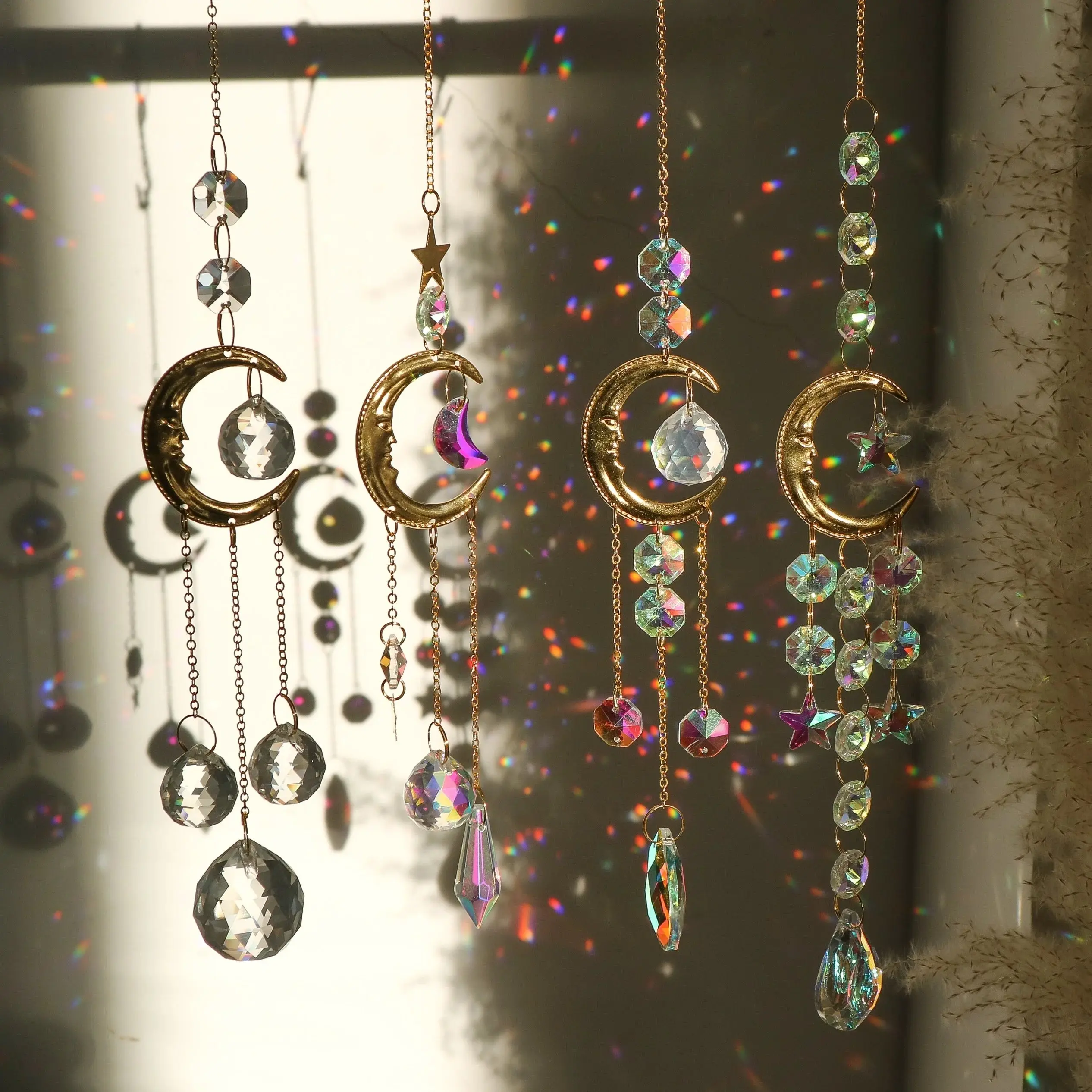Moon Phase Crystal Prism Sun Catcher with Wind Chimes