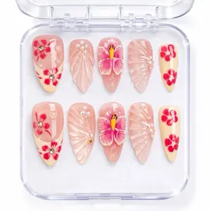 Sugarcoat Nails Handcrafted Luxury Colorful Gel Press-On Nails with 3D Art | Reusable & Sturdy, Glue Included - Cream & Pink Floral, Almond