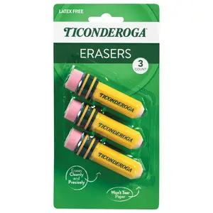 Ticonderoga Erasers, Pencil Shaped, Latex-Free, Yellow, 3-Pack