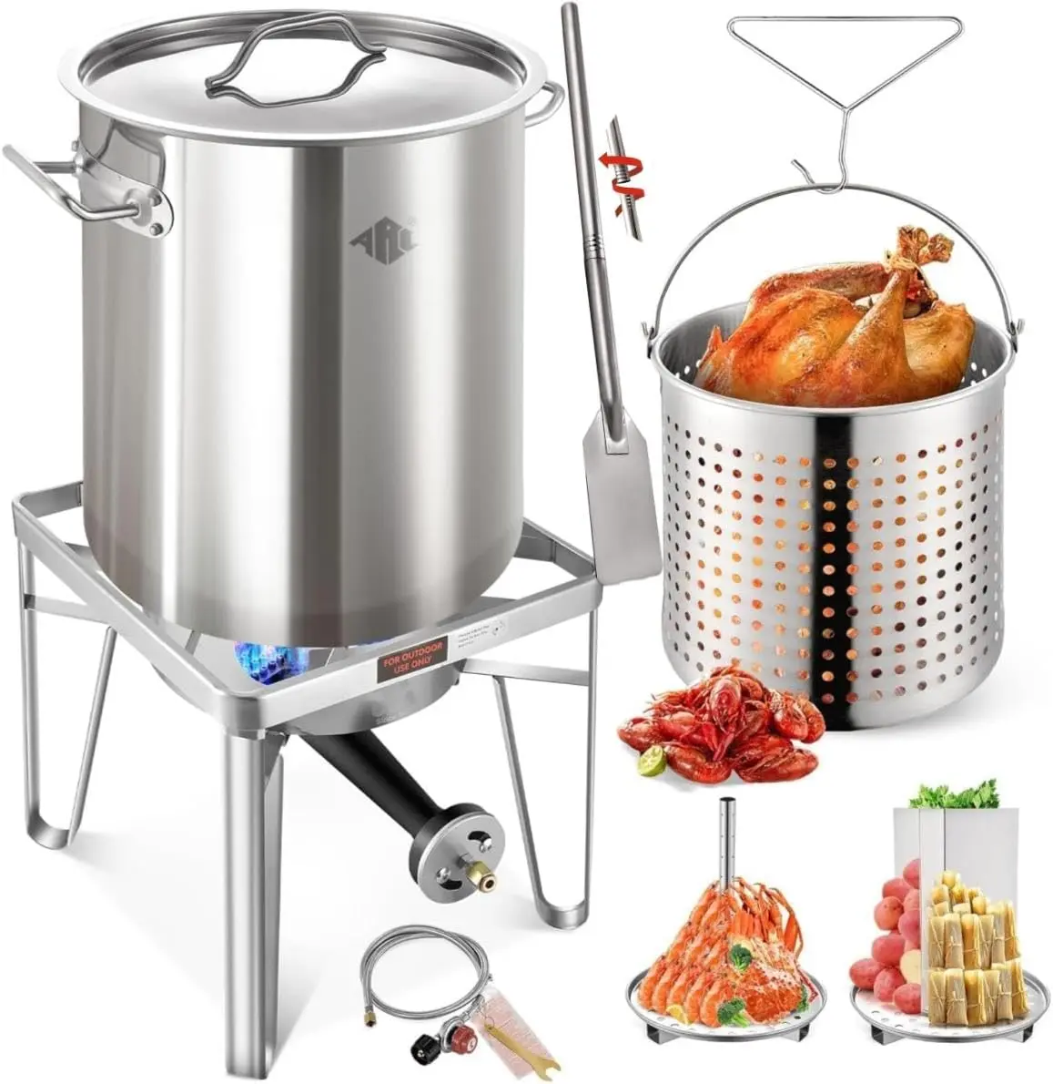 64QT Stainless Steel Pot with 200,000 BTU Propane Burner and 36" Mixing Paddle, Seafood Boil Pot, Crab Boil Pot, Lobster Pot, Shrimp Boil Pot, Tamale Steamer Pot with Basket and Turkey Fryer Burner