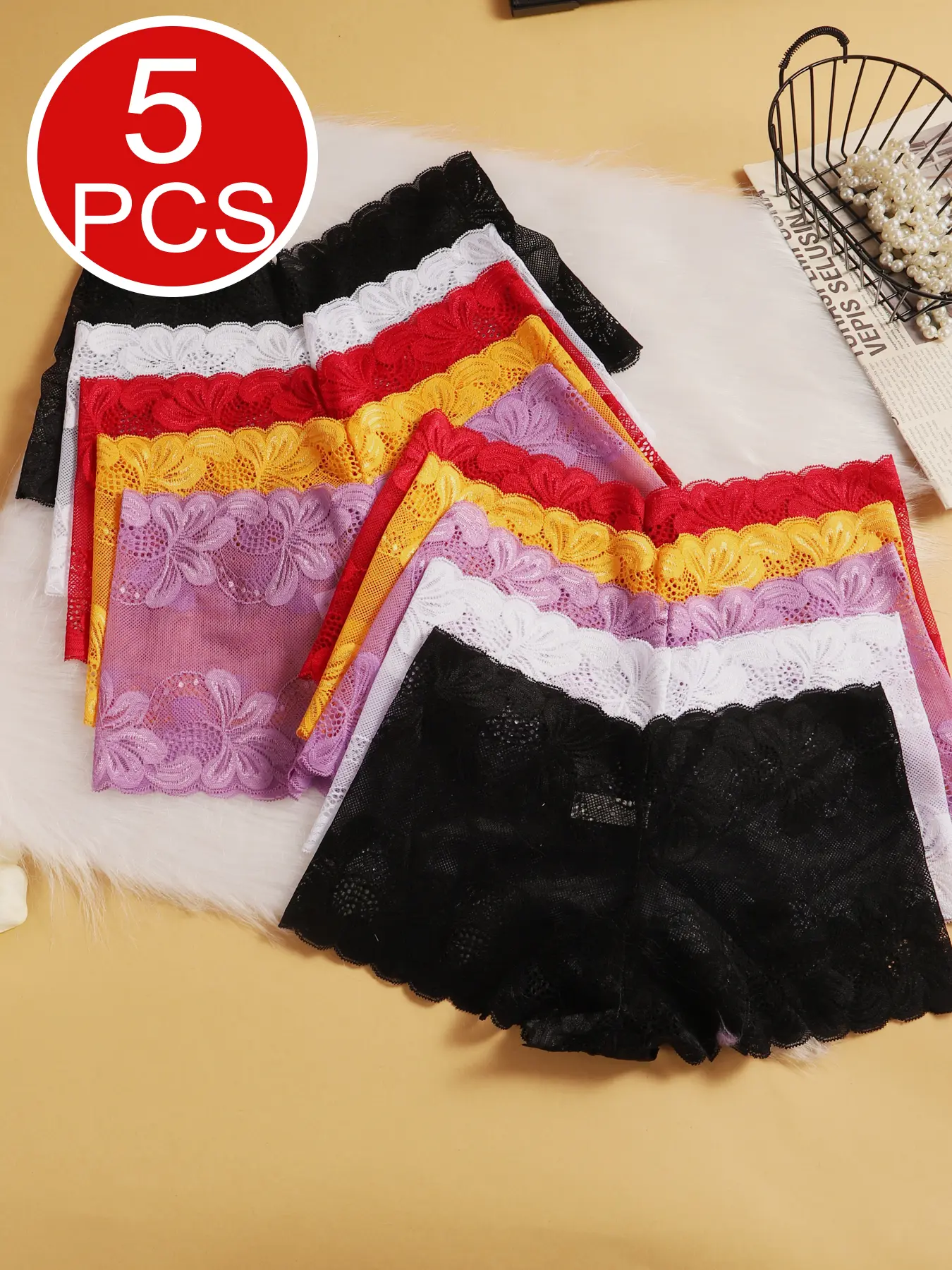 Women's Preppy Cute Lacy Full Coverage Panties Set - 5-Piece Mixed Color Seamless Knickers, Breathable Close-Fitting Floral Design, Everyday Wear, Wedding Use, S-XXL