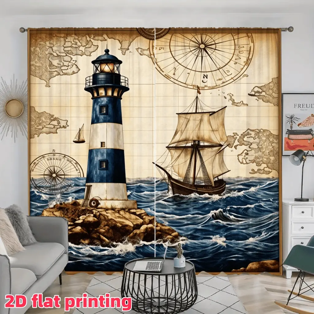 2D Flat 2Pcs Nautical Lighthouse & Pirate Ship Print Curtains, Vintage Map Design, Semi Sunshade Pole Pocket Window Drapes for Living Room, Bedroom, Balcony, Study Decoration, Accessory, Anti Privacy.