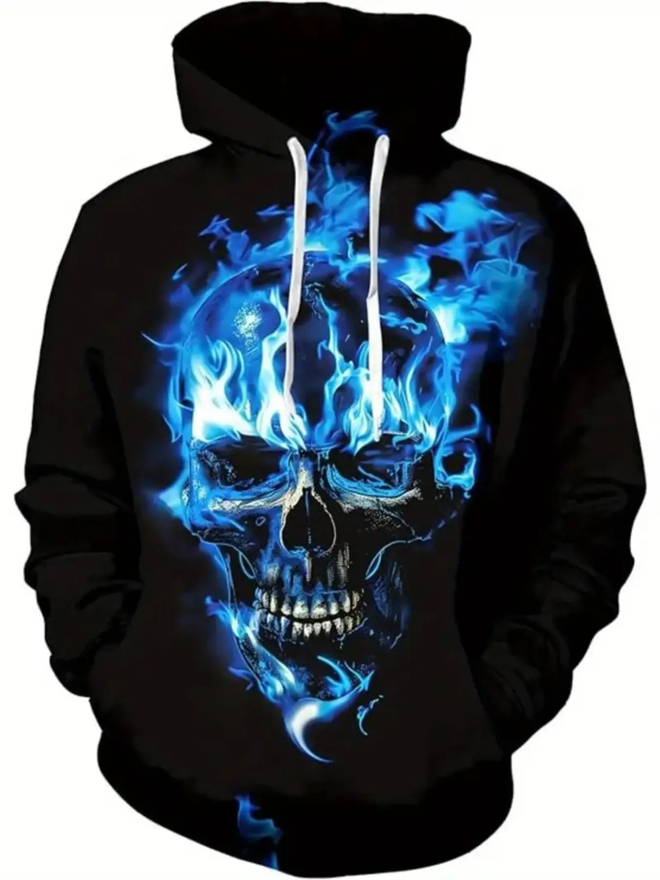 Men's Casual Hooded Sweatshirt with 3D Skull & Flame Print, Wool Pullover with Pockets, Halloween Graphic Tee for Fall Winter, Graphic Print Hoodie, Gothic Hoodies, Gothic Style Hoodie
