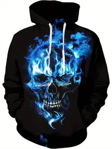 Men's Casual Hooded Sweatshirt with 3D Skull & Flame Print, Wool Pullover with Pockets, Halloween Graphic Tee for Fall Winter, Graphic Print Hoodie