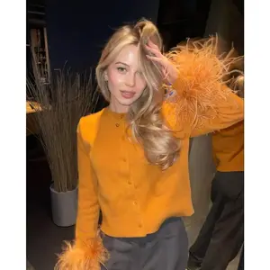 Women’s Feather-Sleeve Cardigan – Fluffy Feather-Trim Long-Sleeve Knit Top, Suitable for Parties, Cocktails, and Casual Wear; Dressy Sweater