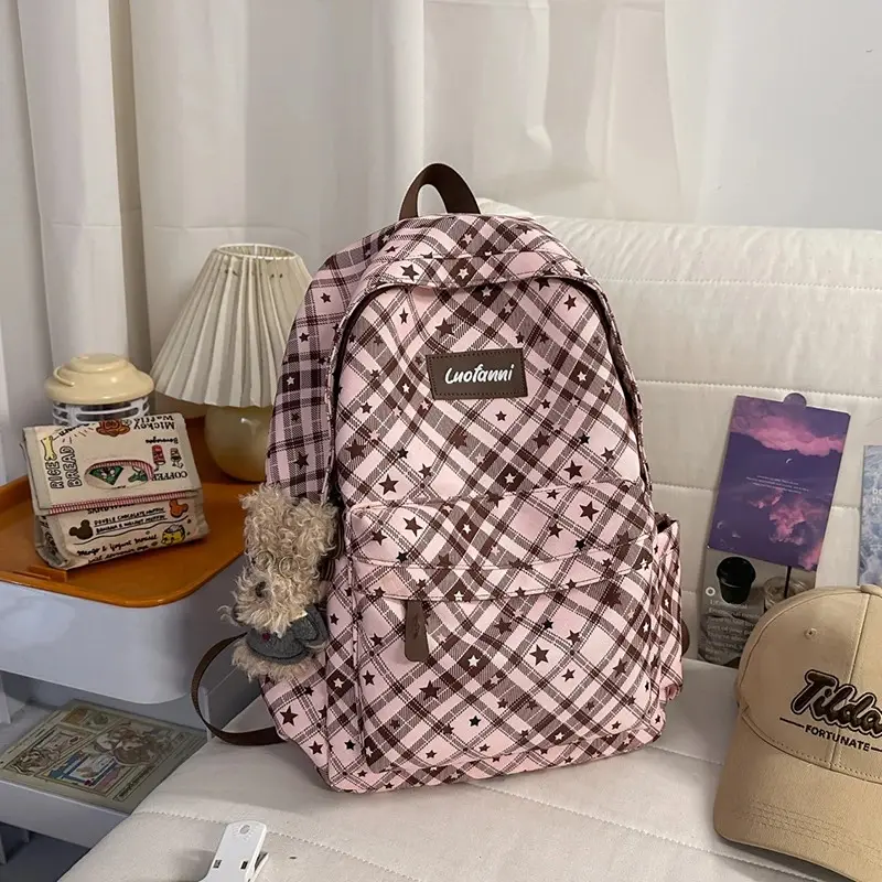 Women's Plaid Star Print Canvas Backpack Plush Charm Adjustable Strap Casual Daily School Bag 2026 New Trend Casual Back Pack