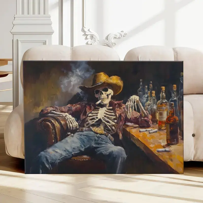Wild West Remains: Oil Painting Poster of a Skeleton Cowboy in a Bar | Western-style Poster | Cowboy Artwork | Road Trip Gift | Southwestern-style Poster