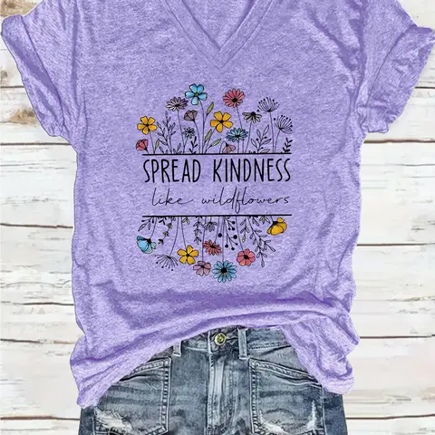 Women's Floral & Letter Print V Neck Loose Tee, Casual Short Sleeve T-Shirt for Summer, Ladies Clothes for Daily Wear, Top, Everyday, Fit, Casual Fashion Top