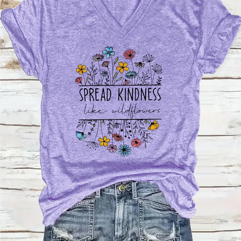 Women's Floral & Letter Print V Neck Loose Tee, Casual Short Sleeve T-Shirt for Summer, Ladies Clothes for Daily Wear, Top, Everyday, Fit, Casual Fashion Top