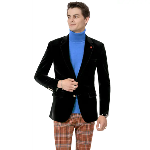Men’s Velvet Blazer Single-Breasted 2-Button Modern Fit - Black