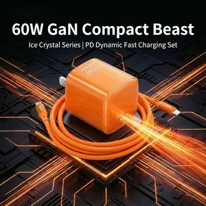 IceCrystal 60W GaN Travel Charger + C-C Cable Kit (CA-26 / C60W)，Compact size, PD 60W fast charging, GaN tech, low-temperature charging, safe for devices. USB-C port, wide compatibility with multiple fast charge protocols. Auto-adjusts voltage & current.