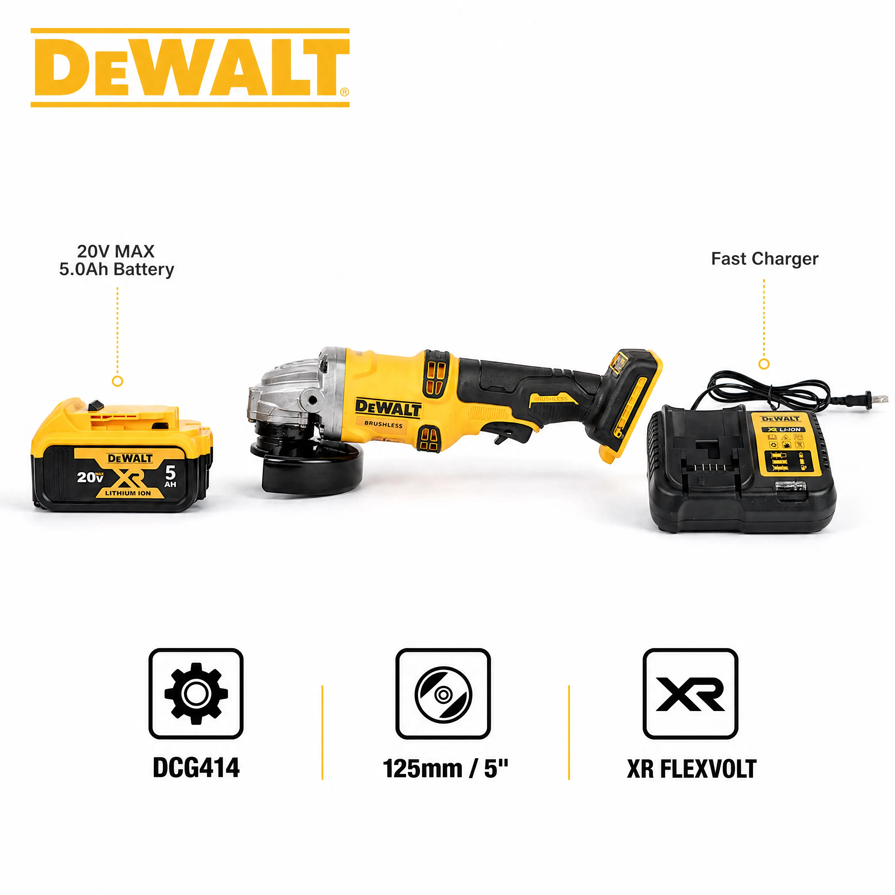 DEWALT DCG414 20V MAX 5 Inch Cordless Angle Grinder with Battery for Heavy Metal Cutting, Brushless Power Tool Features 13A Equivalent Output Designed for Smooth Steel Weld Grinding Work