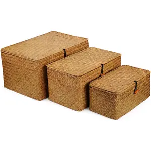 Woven Wicker Storage Bins with Lid, Seagrass Basket for Shelf Organizer, , Set of 3