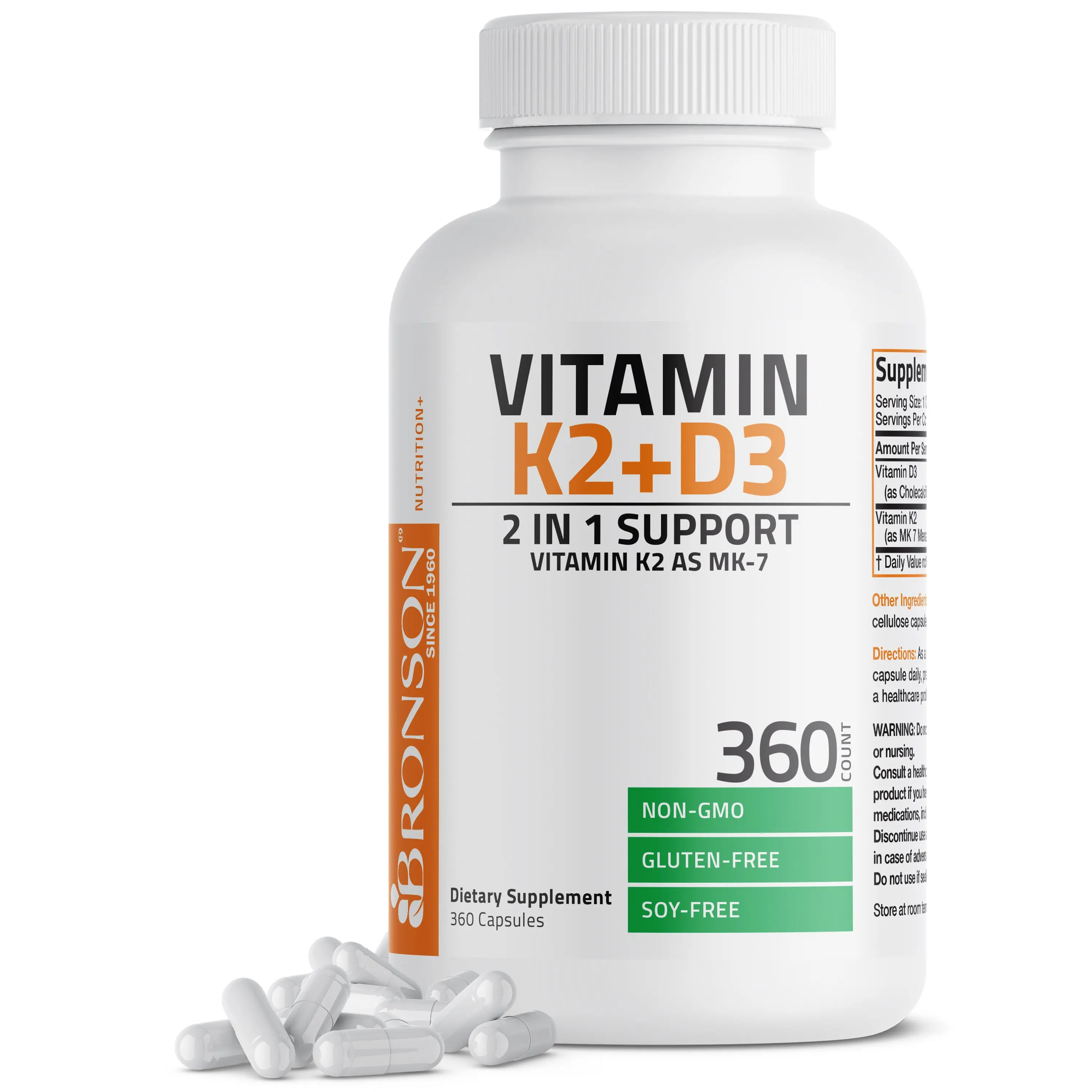 Bronson Vitamin K2 (MK7) with Vitamin D3 Supplement Bone Health Non-GMO Formula 5,000 IU & 90 mcg MK-7 Easy to Swallow D K