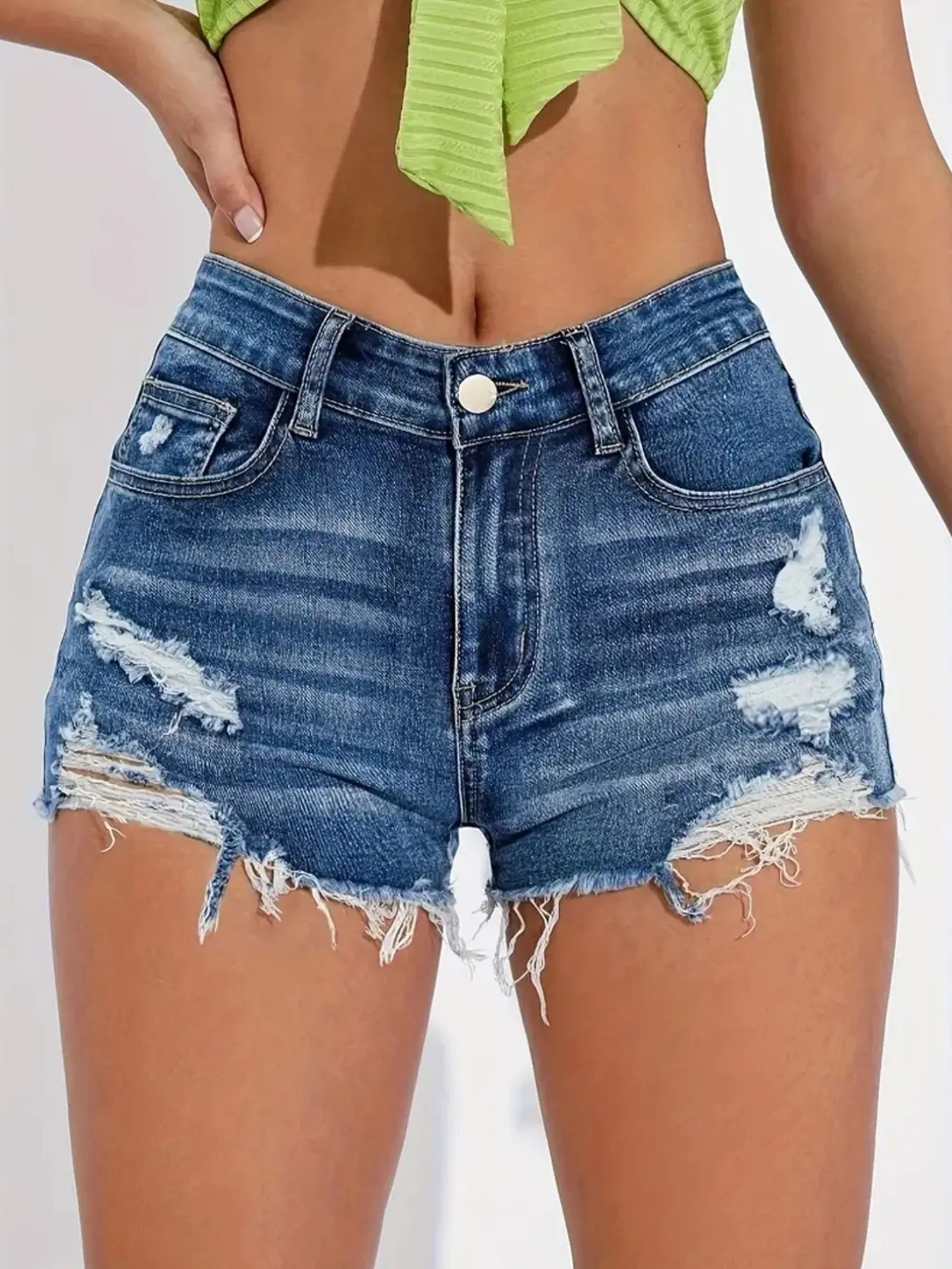 Women's Deep Blue Denim Shorts, Slim Fit Elastic Waist, Pleated Detail with Frayed Hem, Cut-Off Style, Casual Fashionable Shorts, Casual Everyday Jean Shorts