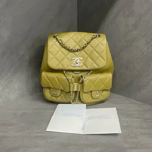 Pre-owned CHANEL Olive Green Quilted Lambskin Small Duma Pockets Drawstring Backpack
