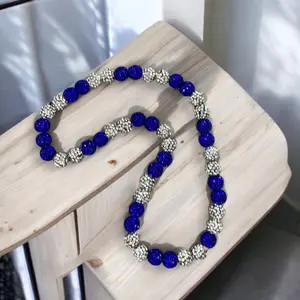 Curveball Blue 16" Unisex Baseball Necklace with 10mm Rhinestone Beads, Elastic Design, Casual Style for Baseball Fans and Players