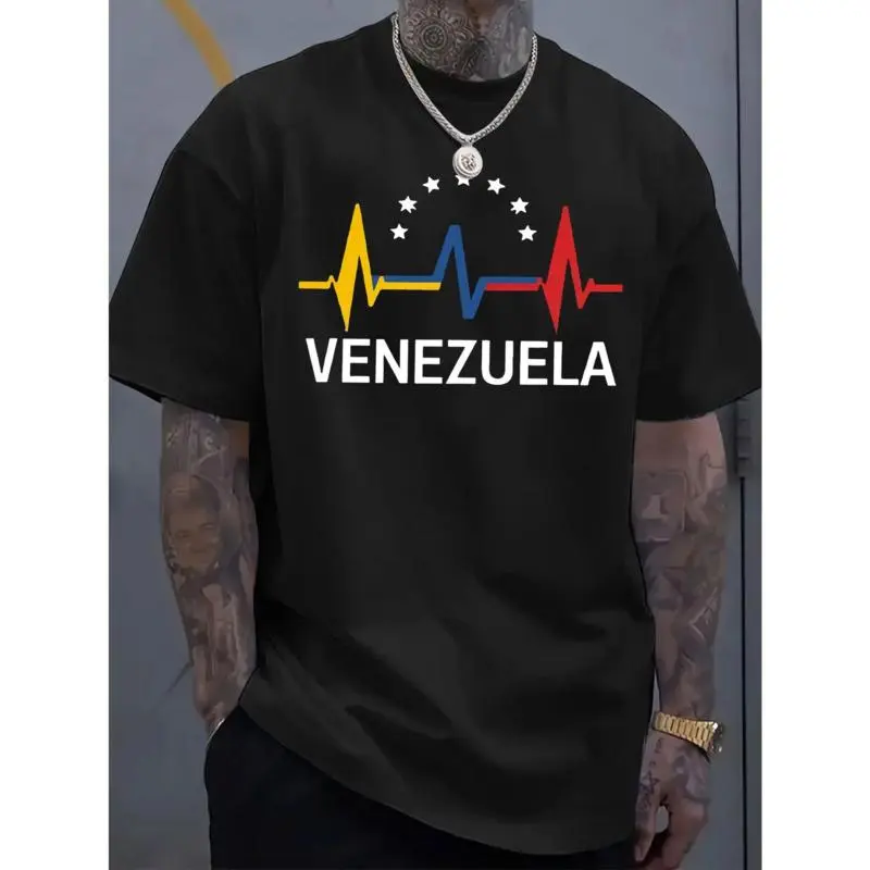 Men's Cotton Venezuela Graphic Print T-Shirt - Top, Short-Sleeve, Tapered Fit, Collars, Lightweight, Breathable, Machine Washable, Ideal for Outdoor Sports & Casual Wear