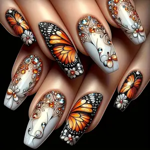 Medium-Length Butterfly Nails, 24-Piece Removable Fake Nails, Mixed Colors, Easy-To-Apply Nail Art Stickers, Perfect for Parties and Vacations, Nail Art Gems