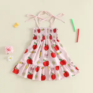 Toddler Baby Girl Back to School Cute Sundress Tie-Shoulder Printed Sleeveless Pleated Plaid A-line Dress