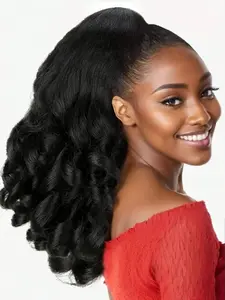 Women's Yaki Cury Wave Ponytail Extension, Drawstring Design, Synthetic Material, Long Curly Wave Style, 16-Inch Hairpiece, Wavy Synthetic Hair