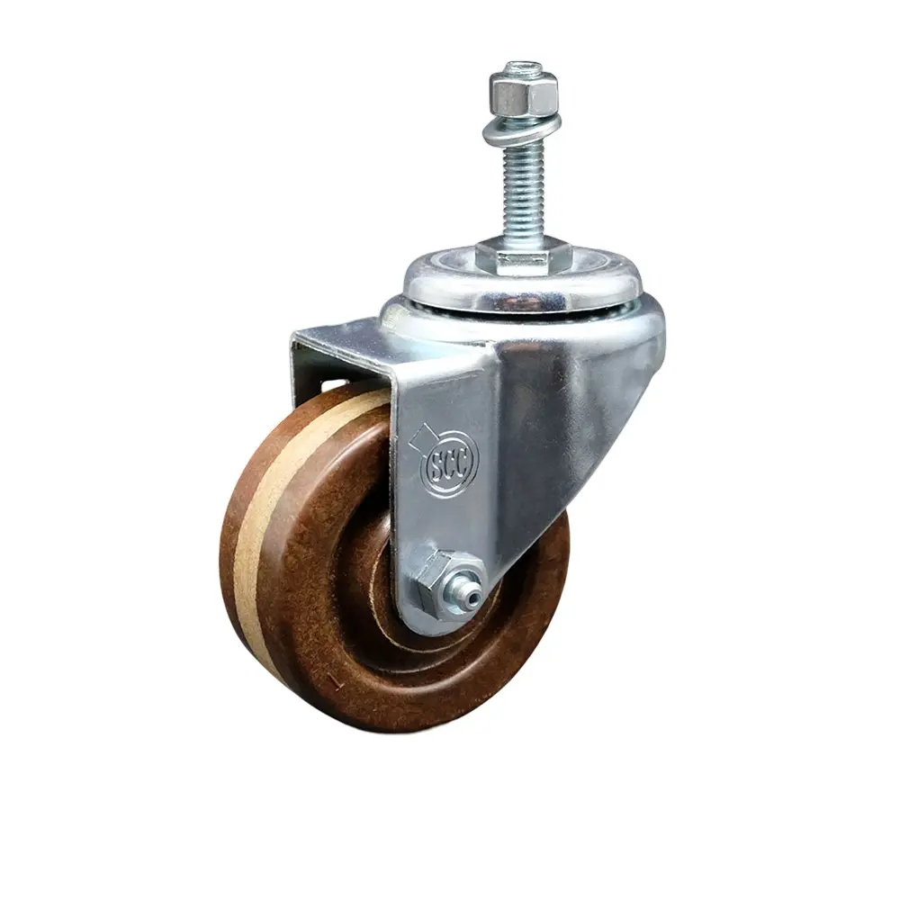 2-Pack 212 MAIN High-Temperature Phenolic Swivel Threaded Stem Casters with Roller Bearings, 3x1.25in Brown Swivel Wheels, 0.38in Stem, Bolt Hole Hardware, 300lbs Capacity for Bakery Racks & Carts Equipment, Durable (Model SCC-TS20S314-PHRHT-381615)