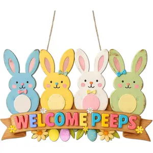 Easter Bunny Door Sign Wooden Welcome Peeps Easter Door Hanging Rabbit Door Sign Cute 4 Bunny Wreath Hanging Plaque Wooden Rabbit Sign for Farmhouse Porch Wall Fireplace Decor Spring Gifts