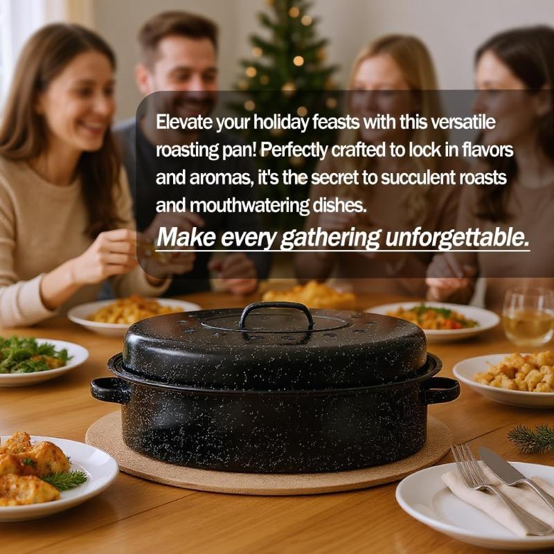 A Single Piece, a Covered Baking Pan, an Enamel Dish with a Granite Bowl, a Turkey Pot, Serving Bowls, Serving Utensils, Perfect for Roasting Turkey, Bread, Beef, And Vegetables, Oven Baking Tray, Oval Shape