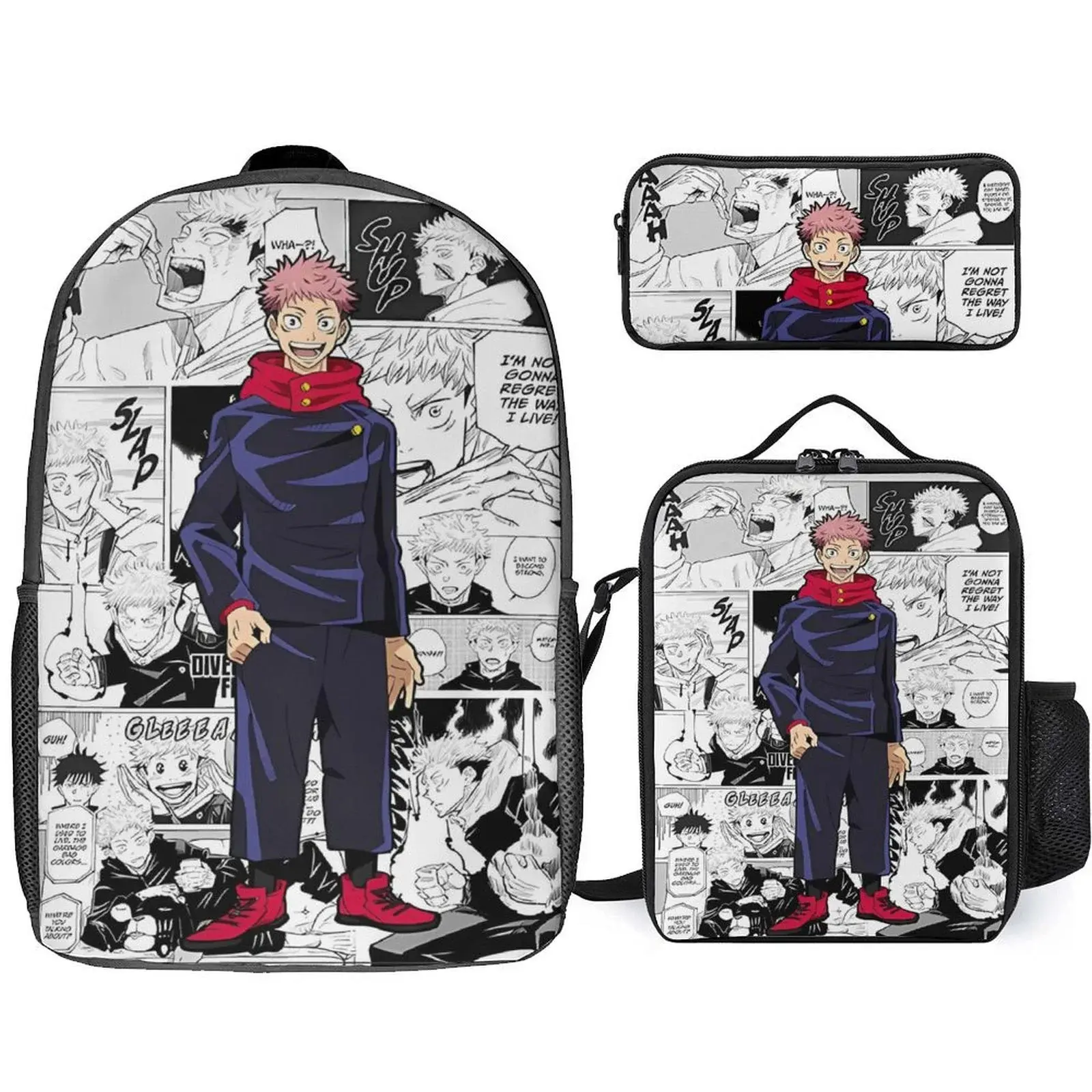 Jujutsu Anime Kaisen Yuji Itadori 3 Piece Backpack Set with Lunch Bag Pencil Case , High Capacity Bookbag with Lunch Box Pen Box Workplace Travel