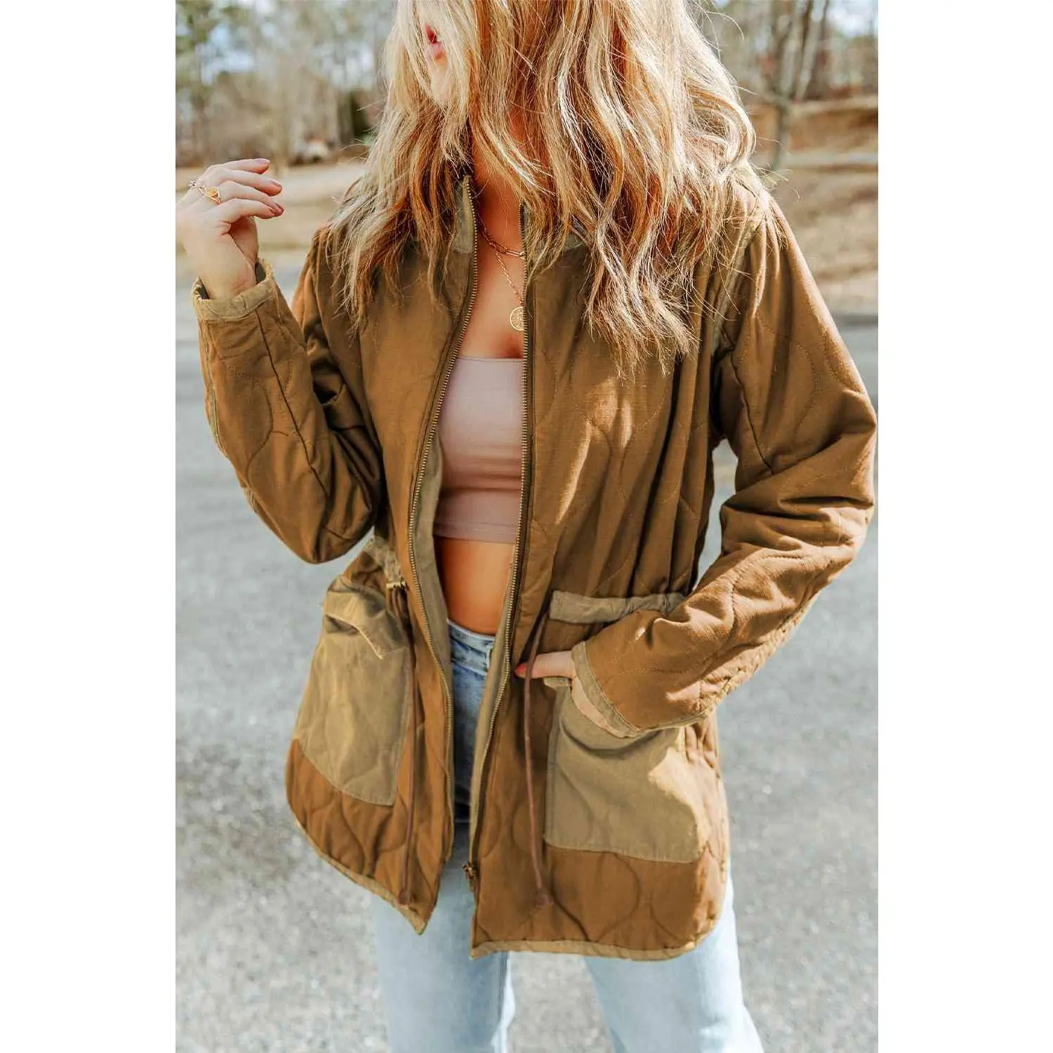 Drawstring Waist Zip-Up Jacket