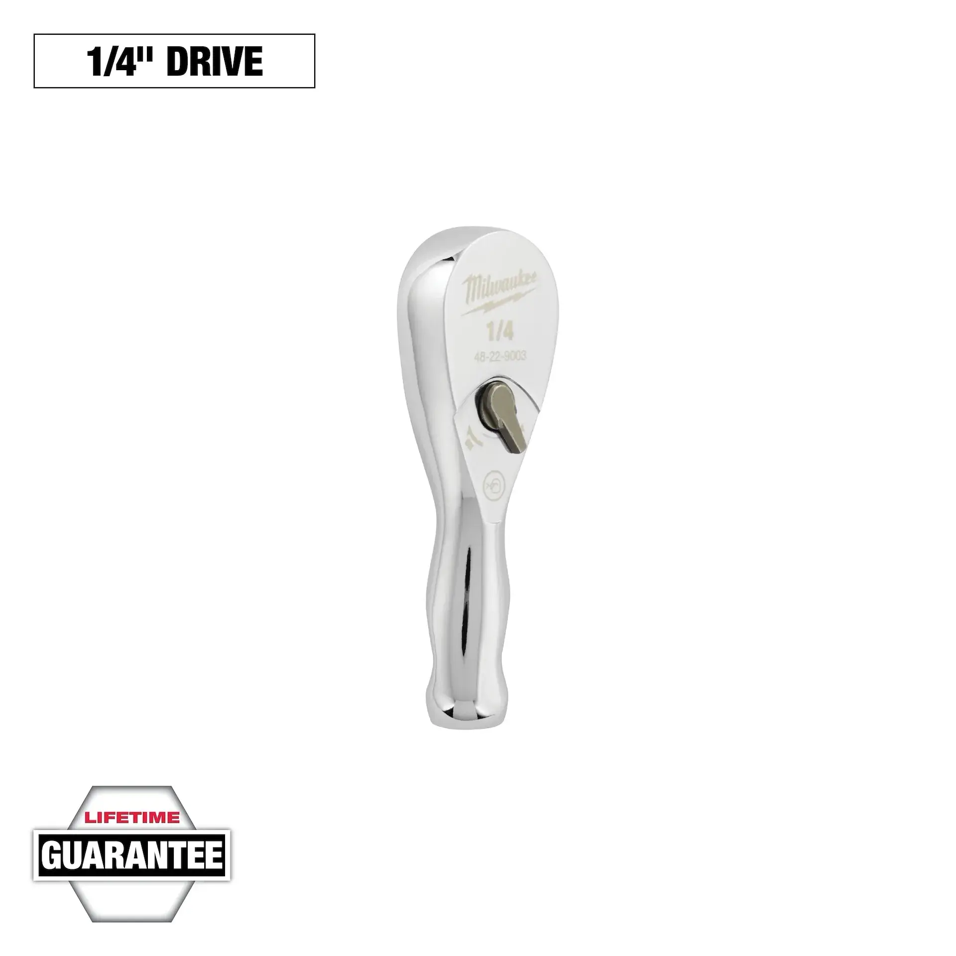 Milwaukee 48-22-9003 Stubby Size Chrome Ratchet, 1/4” Drive, 3” Length, Arc Swing Design, Slim Handle, Rotatable Ratchet Head, Tight Spaces