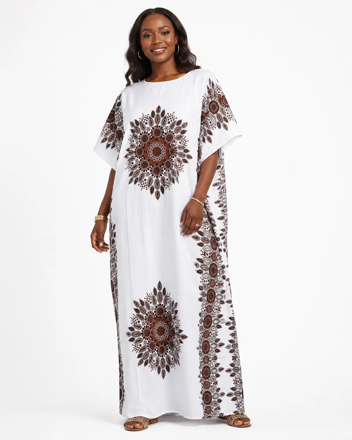 Women's Modest Islamic White Kaftan Dress - Arab Style, Bohemian, Flowy Patterned, High Coverage, Long Abaya Kaftans with Intricate Brown and Red Sleeve, Side Details, Arab Style Kaftans