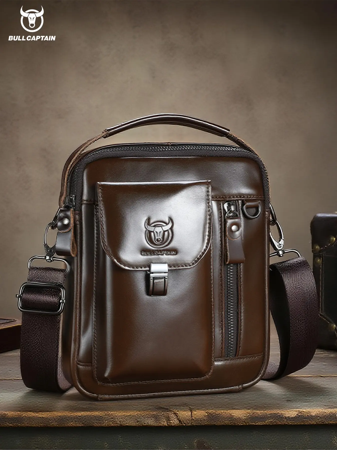 BULLCAPTAIN Men's Genuine Leather Crossbody Bag, Vintage Large Capacity Phone Purse, 8 Inch Shoulder Handbag for Men, Durable & Stylish Design, Leather Shoulder Bags