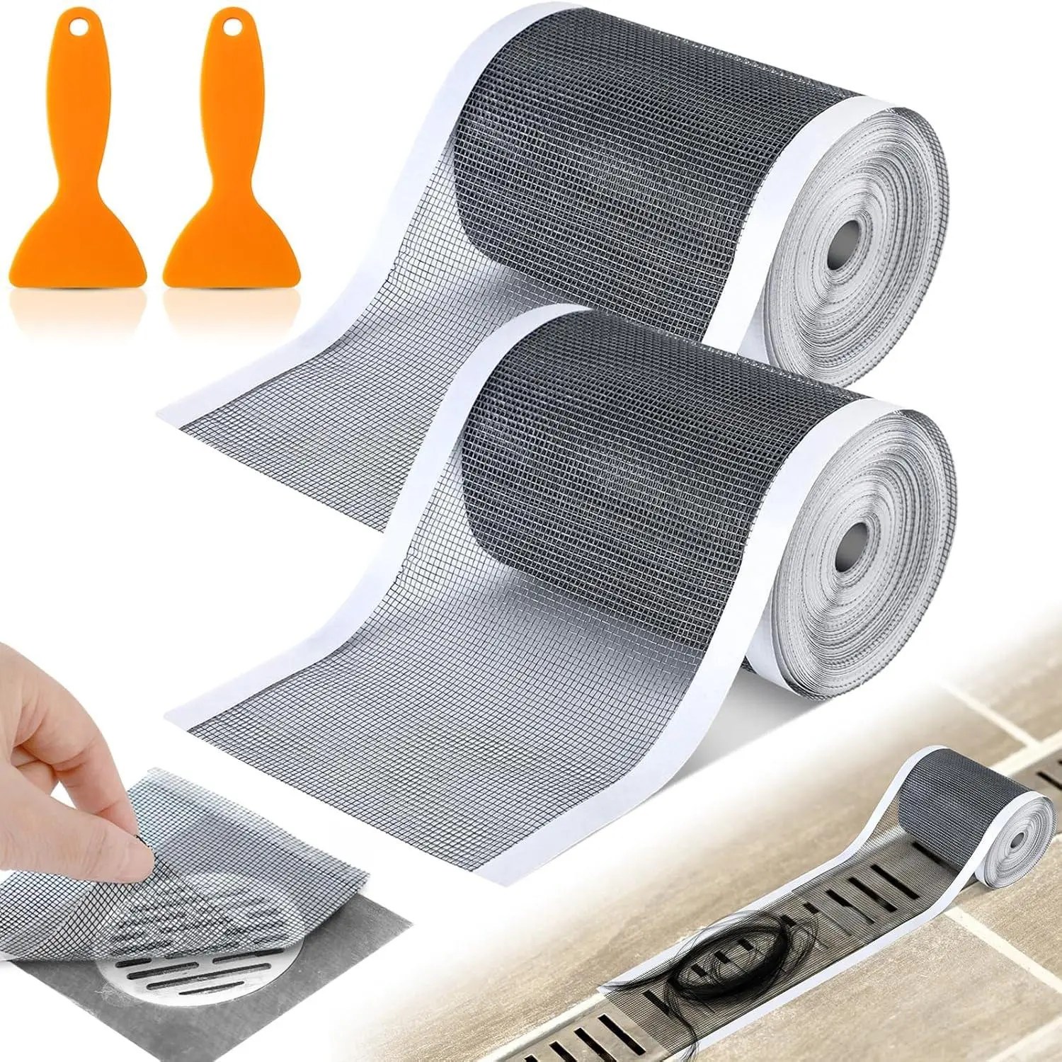 2 Pack 4 Inch x 33 ft Linear Shower Drain Hair Catcher Screen Disposable Adhesive Cutable Mesh Shower Drain Cover Stickers for Linear DIY Floor with  for Bathroom Kitchen Bathtub