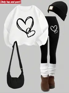 Women's 2-Piece Sweatshirt Set, Heart Pattern Print, Round Neck Long Sleeve, Fitted Bottoms, Casual Fall Winter