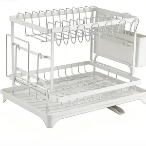 Countertop dish draining rack with removable drain tray and knife, fork and chopstick storage rack