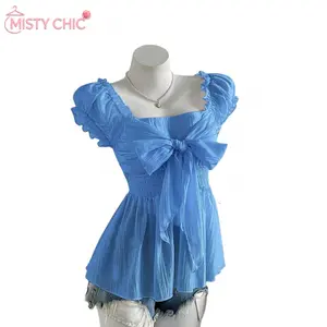 MISTY CHIC Sweet Feminine Bow Cuff Short Sleeved Chiffon Shirt For Women, Ideal For Summer,Puff Sleeve Romantic Dress With Square Neck And Statement Bow Front