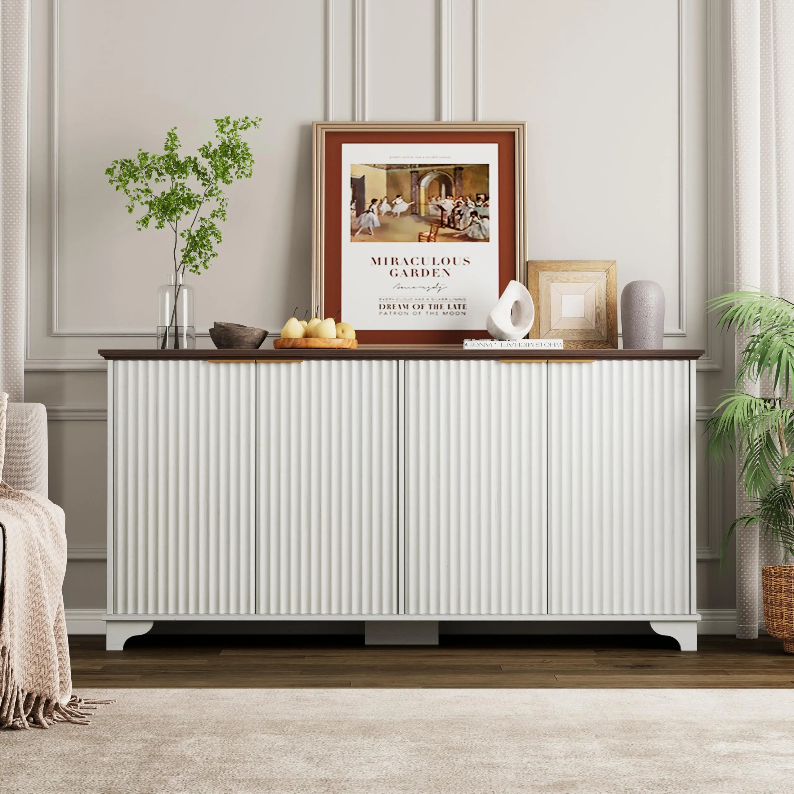 GARVEE 61" Large Buffet Sideboard Cabinet with 4 Fluted Doors, Adjustable Shelves, Modern Farmhouse Style for Kitchen or Living Room, Available in White or Oak Finish, Ideal for Storage and Coffee Bar Use