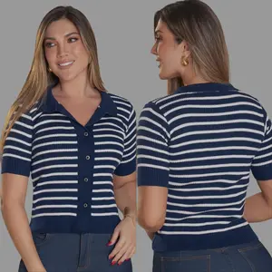 Colombian REF:B-717 Knit Striped Polo Top – Navy Stretch Cotton Slim Fit Blouse